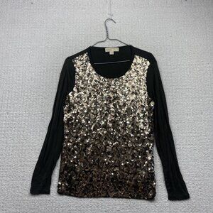 Michael Kors Golden Sequin Long Sleeves Blouse Top Wom Sz S Dark Olive Green
